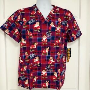 NWT Cherokee Tooniforms Grumpy Scrub Top Men’s M Plaid Red Blue Scrubs Disney
